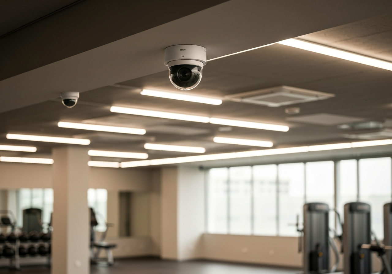 Salle de sport lumineuse avec système de surveillance vidéo, accès contrôlé