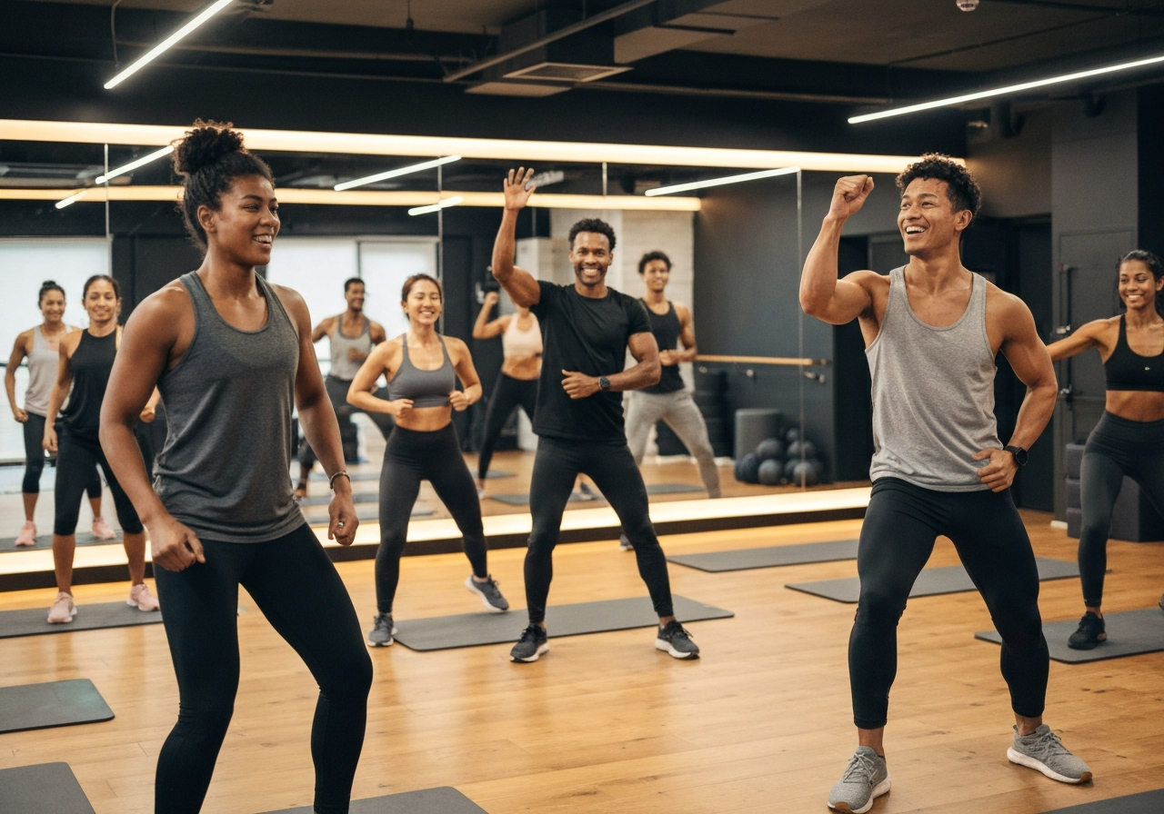 Cours collectif animé avec jeunes adhérents motivés et coach engagé en studio moderne
