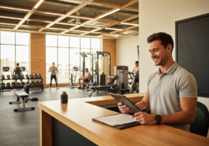 Gérant de salle de sport accueillant un adhérent à la réception avec une tablette, espace lumineux et équipements visibles