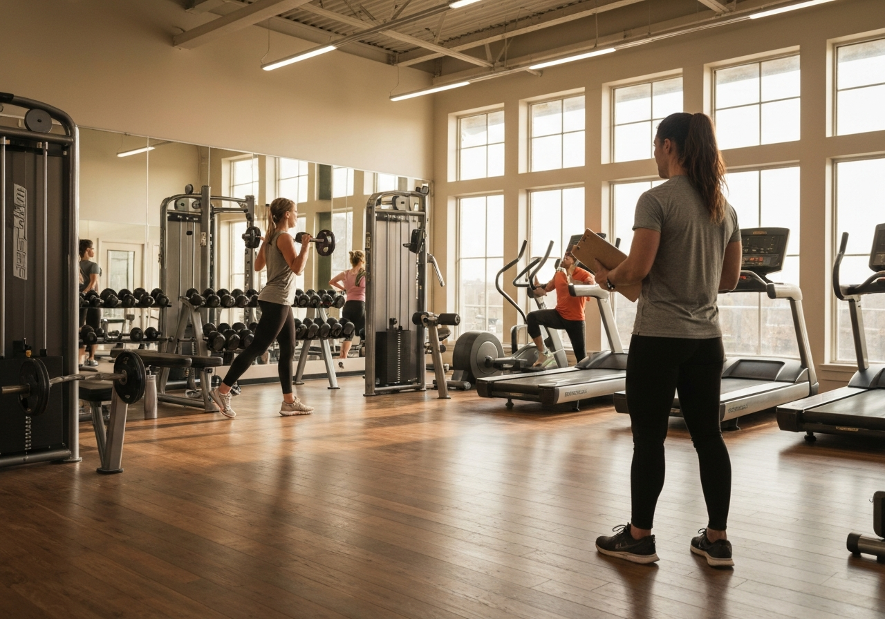 Membres dans une salle de sport lumineuse, encadrés par un coach, illustrant engagement et fidélisation