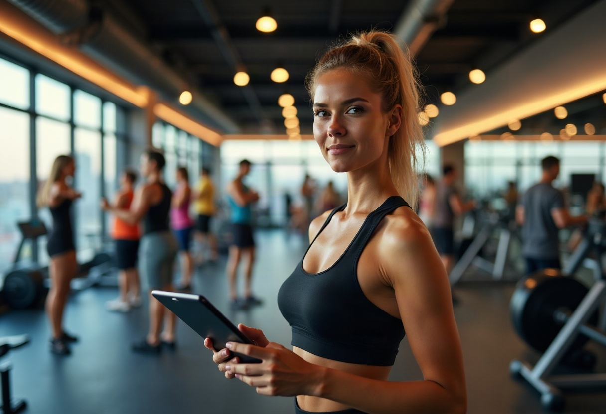 Coach gère les réservations et adhésions sur tablette dans un espace de fitness lumineux et contemporain.