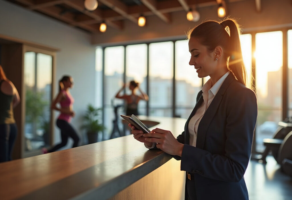 Manager de salle de sport en consultation sur une tablette à l'accueil, ambiance professionnelle et lumineuse.