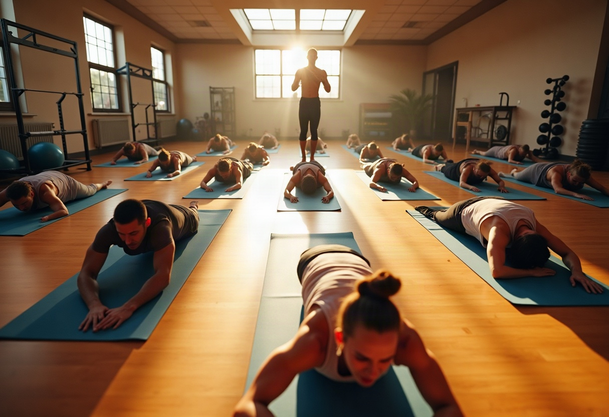 Cours collectif en studio de fitness avec coach et adhérents, lumière naturelle chaleureuse, environnement dynamique.