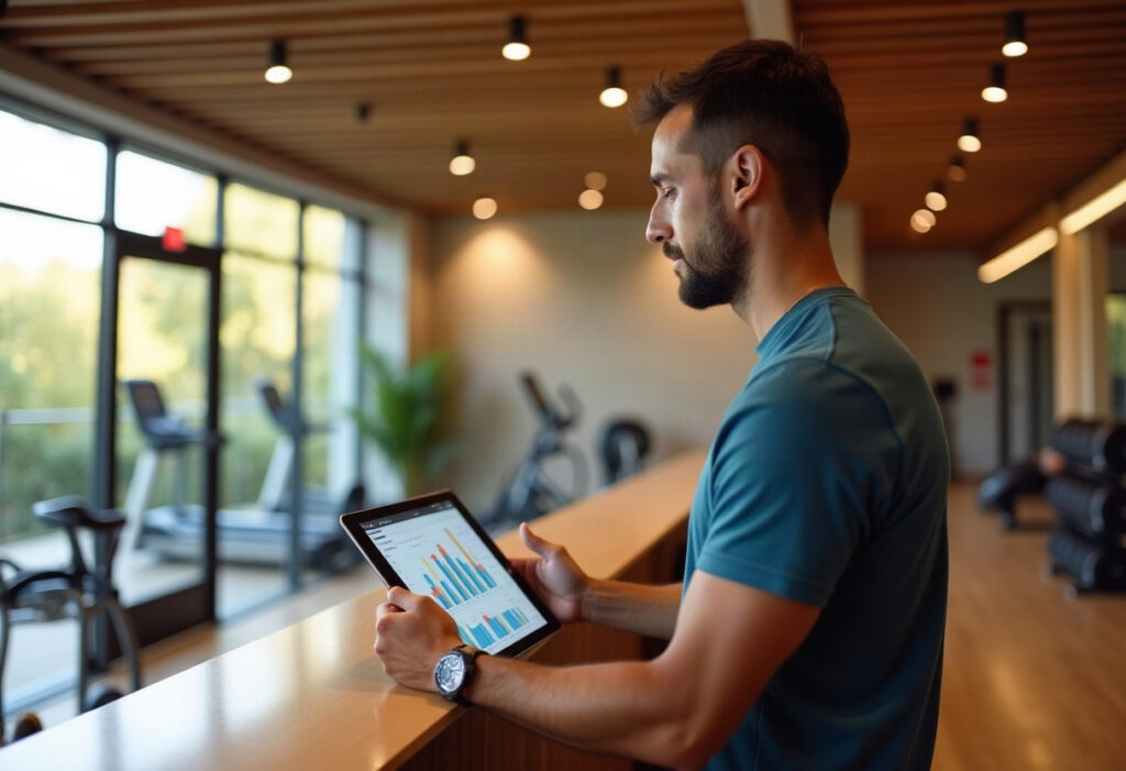 Gérant de salle de sport consultant des données analytiques sur tablette à l'accueil, lumière naturelle chaleureuse.