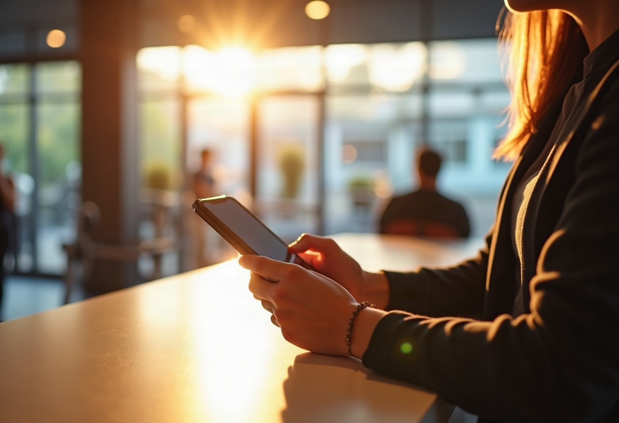 Mains d'un gérant tenant un smartphone pour gérer les communications avec les adhérents