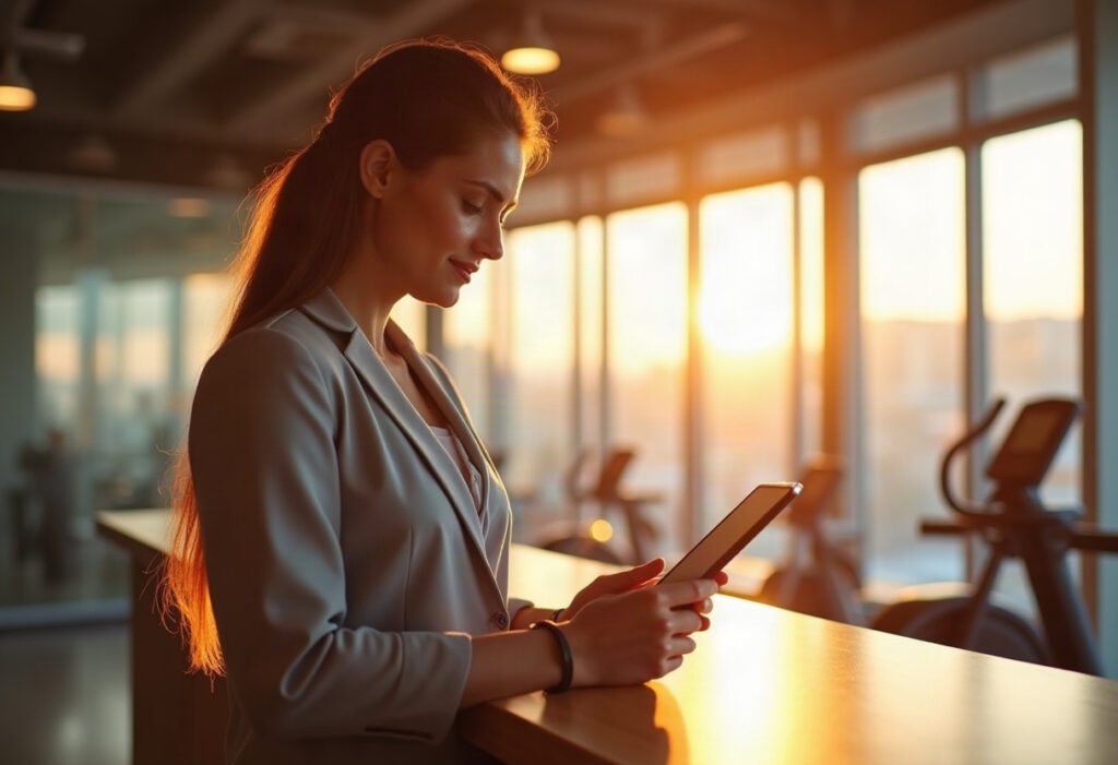 Gérant de salle de sport examinant les données financières sur une tablette à la réception, lumière naturelle chaleureuse.